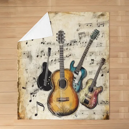 Vista 6 de Red Guitar Flannel Fuzzy Blanket,Hip Pop Music Fleece Throw Blanket Kids Girls Boys Home Room Decor,Red Fire Fashion Guitar Bed Blanket,Musical Note