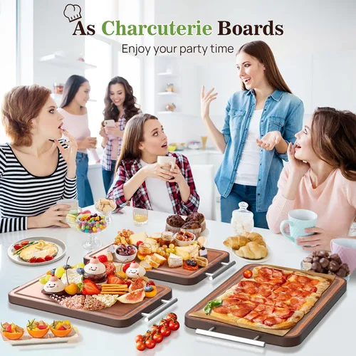 Vista 9 de Tabla de Cortar de Acero Inoxidable y Madera de Doble Cara Tablas de Cortar para Cocina - 2 en 1 Ébano Metal con Mango Resistente a Rayones Carne