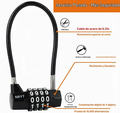 Vista 3 de Cerradura de cable combinada, cable de acero de 3/16 pulgadas, 7 pulgadas de longitud, cerradura de 4 dígitos para puertas, vallas, gabinetes