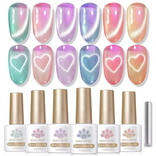 Vista 25 de Born Pretty Esmalte de uñas de gel magnético de ojos de gato verde, 6 colores brillantes con purpurina de cristal holográfico, salvia, oliva