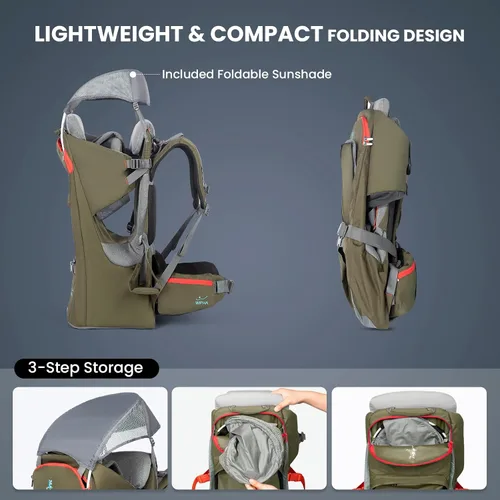 Vista 4 de WIPHA - Mochila para bebé, ergonómico, con toldo para el sol, mochila de senderismo con gran espacio de almacenamiento y bolsillo aislado, asiento