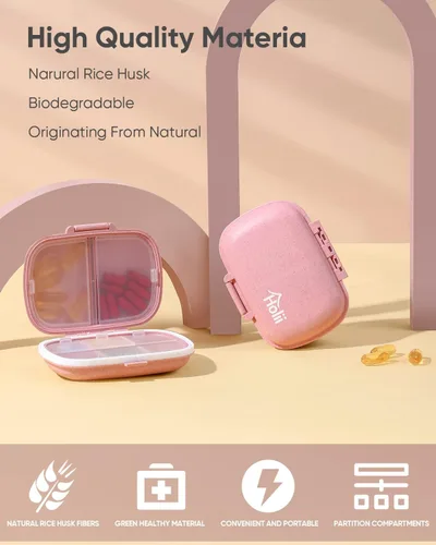 Vista 7 de Holii Organizador de pastillas de viaje con 8 compartimentos, farmacia de bolsillo para bolso, pastillero diario, organizador de medicamentos, Rosa