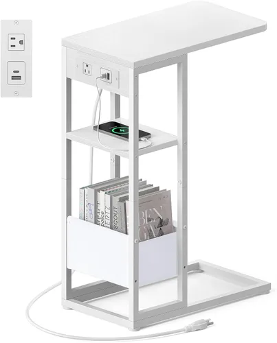 Vista 11 de Mesa auxiliar en forma de C con estación de carga, mesa lateral pequeña para sofá reclinable, mesas de aperitivos deslizables debajo del sofá