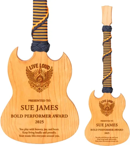 Vista 12 de Premio personalizado de guitarra Cherrywood, placa grabada personalizada con mango de paracaídas azul, 23 x 8 pulgadas Regalo para músicos