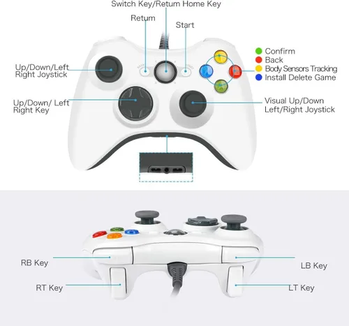 Vista 2 de YAEYE - Mando para Xbox 360 con cable y USB para Microsoft Xbox 360 PC Windows 7 8 10 con turbo botones de disparador blanco