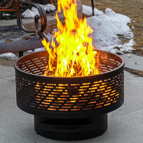 Vista 3 de OutVue Fogatas de leña de 26 pulgadas con parrilla y tapa, mesa de fogata para exteriores con cubierta impermeable y atizador de fuego, fogata al