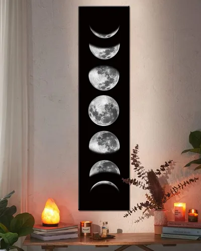 Vista 6 de Ohhvvow Pintura de Arte de Pared de Fases Lunares, 47L x 11.8W Negro y Leonado Arte de Pared de Lienzo Abstracto Moderno para Decoración de Sala