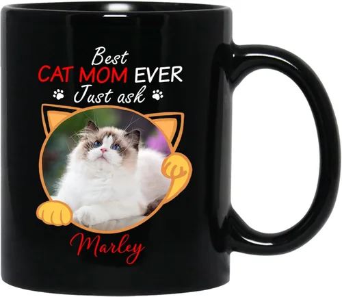 Vista 15 de Taza de café personalizada con nombre y foto de gato, marco de fotos personalizado para gato, taza de café negra de 11 onzas y 15 onzas, taza de té