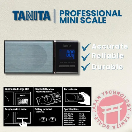 Vista 4 de Tanita 1479J2 Mini Scale - Tecnología japonesa precisa báscula digital de bolsillo para joyería - Capacidad de 200G - Pantalla retroiluminada azul