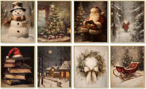 Vista 13 de Hwetui Juego de 6 Pósteres de Arte de Pared de Lienzo Navideño Vintage, Cuadros de Reno y Árbol Invernal Decoración de Pared, Pinturas de Paisajes