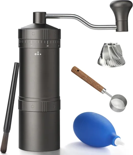 Vista 9 de Molinillo de café manual con rebaba cónica de acero inoxidable de 7 estrellas, molinillo de café portátil con ajuste de molienda ajustable externo