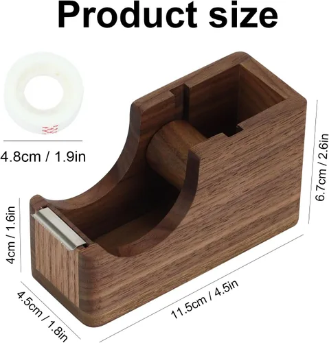 Vista 3 de Buqoo Dispensador de cinta de madera de nogal con soporte para bolígrafo integrado, organizador de escritorio todo en uno para oficina/escuela