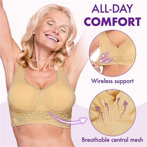 Vista 6 de Brasier Mirabel, cómodo brasier de corsé frontal con hebilla lateral cruzada, brasier de encaje, brasier Mirabel para mujeres mayores