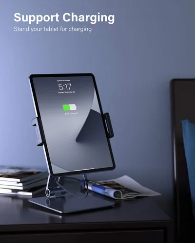 Vista 5 de Maxonar Soporte para iPad, soporte para tablet de aleación de aluminio resistente, giratorio de 360°, plegable, soporte de carga de aire para iPad