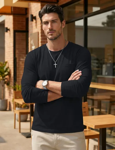Vista 3 de MAGCOMSEN Camisa de manga larga para hombre con bolsillo, de algodón, cuello redondo, casual, ligera