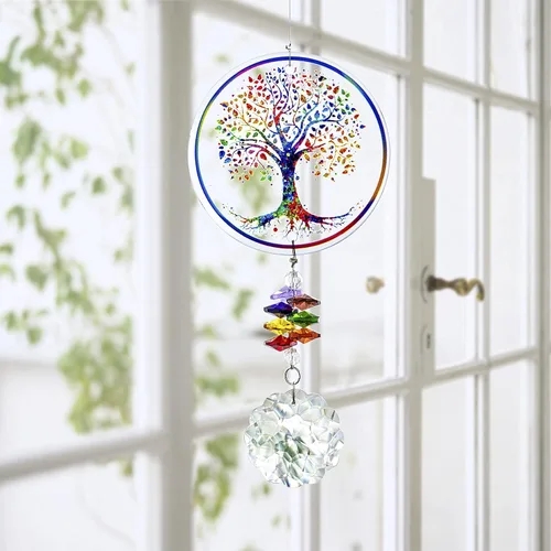 Vista 3 de Adorno colgante de chakra prisma de cristal con diseño de árbol de la vida K9 Crystal Glass Tree of Life Suncatcher Window Car Home Decor Rainbow