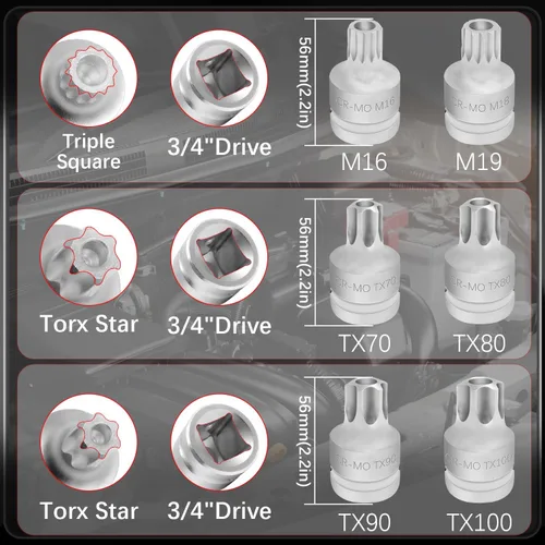Vista 2 de Juego de llaves de vaso de impacto Torx Star y triple cuadrado de 3/4 pulgadas, Cr-MO T100 T90 T80 T70 M18 M16 Impact Drive Allen Socket Kit