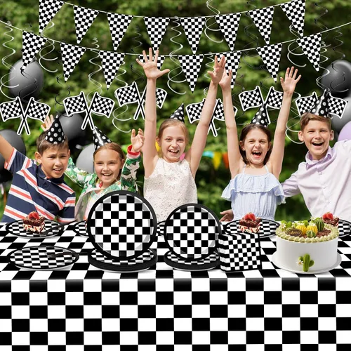Vista 5 de ZOIIWA Juego de vajilla de 123 piezas de decoración de fiesta de carreras a cuadros en blanco y negro con platos temáticos de carreras, pancartas