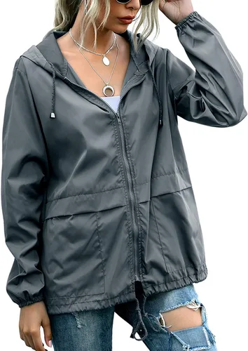 Vista 29 de PESION Chaqueta impermeable ligera para mujer, rompevientos con capucha y bolsillo para exteriores Verde militar