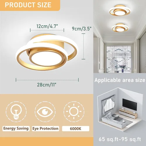 Vista 5 de CANEOE Lámpara de Techo LED Pequeña y Moderna, Dorada Redonda, Accesorios de Luz de Pasillo para Techos, Lámparas de Techo Interiores para Pasillo