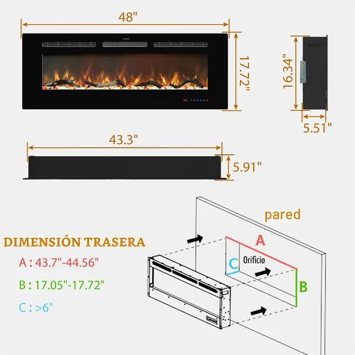 Vista 6 de Insertos de chimenea eléctrica de 48 pulgadas, chimenea eléctrica empotrada y de pared, chimenea lineal con termostato, pantalla táctil y control