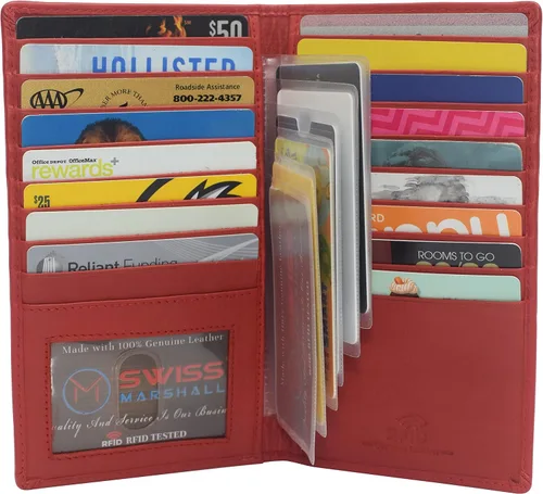 Vista 4 de Swiss Marshall Cartera larga de cuero genuino con bloqueo RFID, Cn Rojo, Plegable