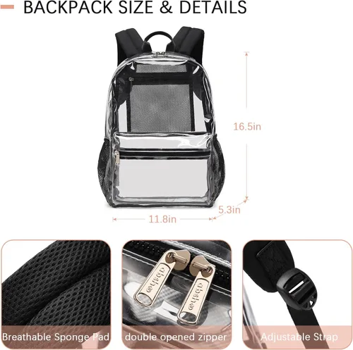 Vista 5 de Abshoo Mochila transparente resistente aprobada por el estadio para la escuela, Negro, M, Portátil