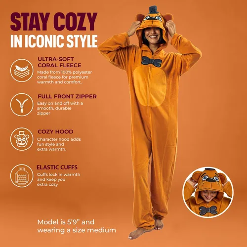 Vista 2 de Bioworld Five Nights At Freddy's Freddy Fazbear - Disfraz de mameluco con capucha para adulto