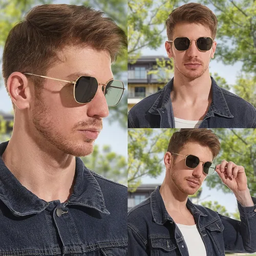 Vista 2 de VIVIENFANG Gafas de sol cuadradas hexagonales polarizadas para mujeres y hombres, moderno 2023 con polígono geométrico dorado con borde de metal