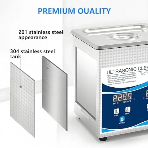 Vista 6 de Limpiador ultrasónico profesional de acero inoxidable de 1.3L con temporizador digital y calentador - Máquina de limpieza de joyas de alta