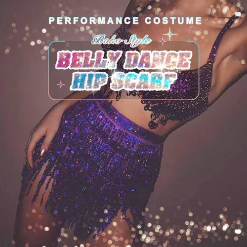 Vista 7 de REETAN Falda Boho para danza del vientre con lentejuelas, mascada de cadera con flecos y borlas falda para fiestas, bailes,actuaciones y disfraces