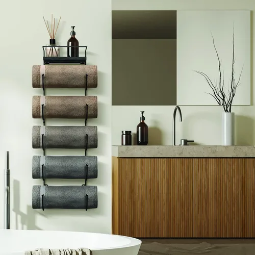 Vista 3 de Sorbus Toallero de baño – Toallero de metal de 5 niveles con estante de madera para toallas de baño enrolladas, toallas de baño, ropa de cama