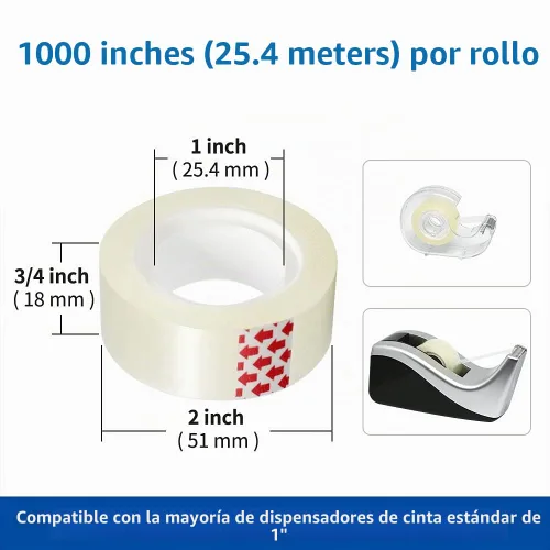 Vista 2 de Recambios de cinta transparente, 6 rollos, 3/4 x 1000 pulgadas, núcleo de 1 pulgada, rollos de repuesto de dispensador de cinta recargable