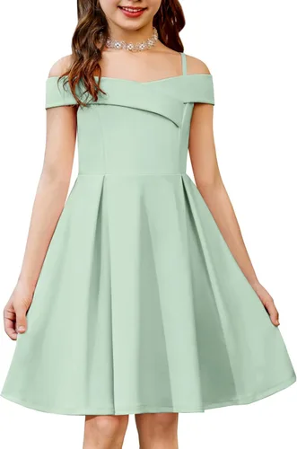 Vista 14 de Arshiner Vestido de verano para niñas con hombros descubiertos, plisado, formal, elegante Azul