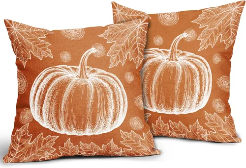 Vista 2 de Juego de 2 fundas de almohada de otoño naranja quemado de 18 x 18 pulgadas, diseño de calabaza blanca y hojas de arce con temática otoñal, almohadas