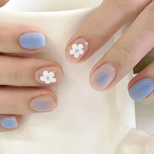 Vista 11 de Uñas postizas a presión degradadas con purpurina de longitud corta, uñas postizas en forma de ataúd con diseño de hojas de corazón, 24 uñas postizas