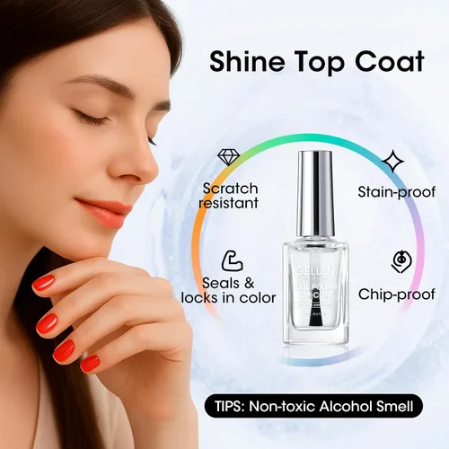Vista 3 de GELLEN Esmalte de uñas transparente para capa final, esmalte de uñas brillante y regular, fórmula de calcio fortalece las uñas, secado rápido al