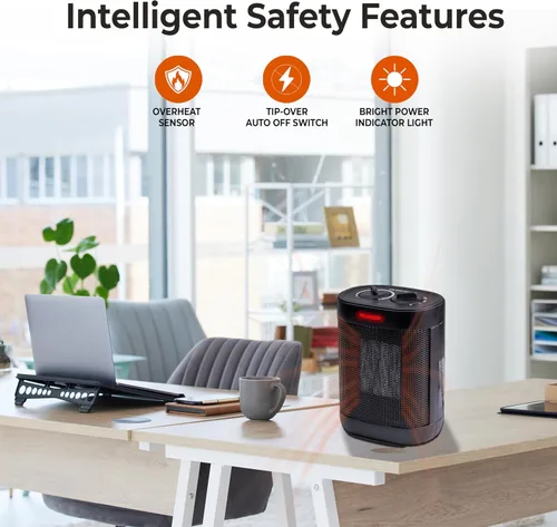 Vista 5 de Comfort Zone Calentador eléctrico compacto para uso en interiores, calentador de cerámica PTC forzado por ventilador de 1500 W con termostato
