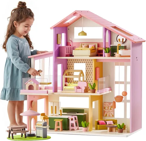 Vista 9 de Tiny Land Casa de muñecas, casa de muñecas familiar moderna con diseño realista, casa de muñecas de madera con muebles de 53 piezas, regalo ideal