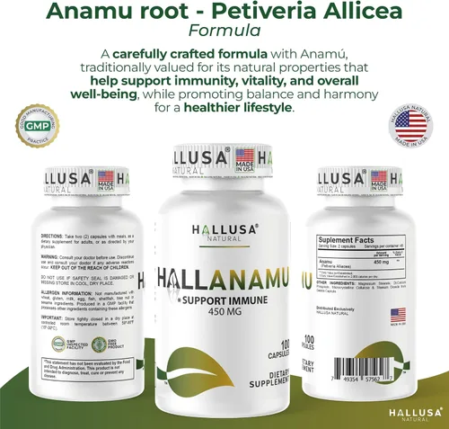 Vista 3 de Hallusa Natural Raíz de Anamu 450 mg - Petiveria Allicea - Anamu Cápsulas Orgánicas - Sistema Inmunológico y Energía - 100 Cápsulas
