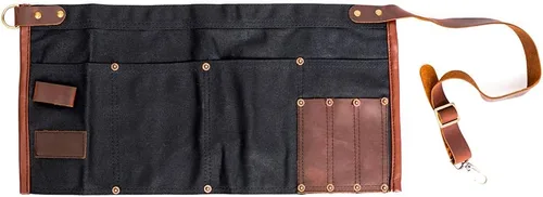Vista 5 de Delantal de herramienta de lona encerada impermeable con cinturón ajustable de cuero genuino (Negro)