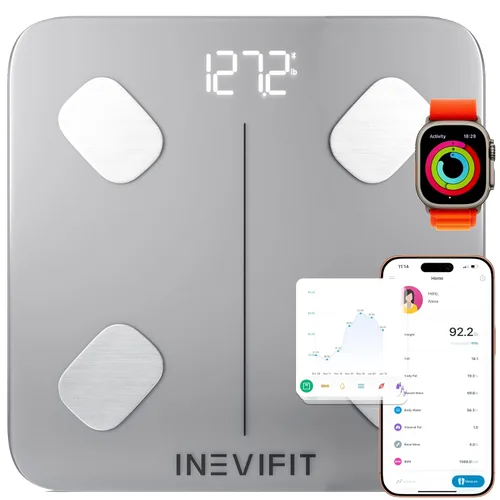 Vista 7 de INEVIFIT Báscula inteligente de grasa corporal, analizador digital Bluetooth de composición corporal de baño altamente preciso, mide peso, grasa