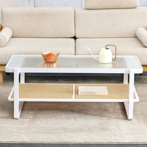 Vista 4 de Mesa de centro moderna minimalista blanca de doble capa de madera maciza. Mesa de cristal, mesa con borde de ratán de imitación. Mesa rectangular