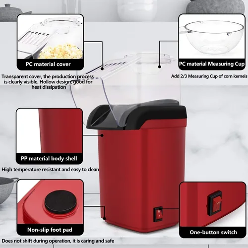 Vista 6 de Máquina eléctrica para hacer palomitas de maíz, con 1200 W, no necesita aceite, aperitivo saludable y delicioso para niños y adultos. Ideal