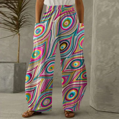 Vista 2 de Pantalones de lino para mujer, con estampado vintage, elásticos, de cintura alta, control de abdomen, pantalones clásicos