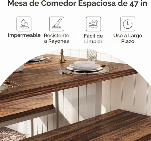 Vista 6 de LITTLE TREE Juego de mesa de comedor para 4 personas con 2 bancos, mesa de cocina moderna con tablero de MDF, comedor que ahorra espacio