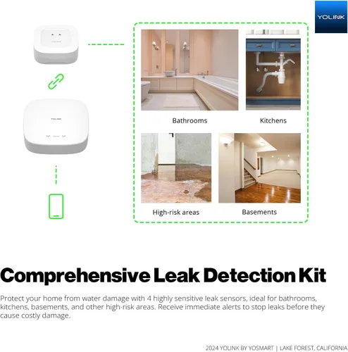 Vista 2 de Kit de inicio de fugas de agua YoLink: Hub + 2 sensores de fuga 1 (silencioso), LoRa de largo alcance, alertas por aplicación/SMS/correo