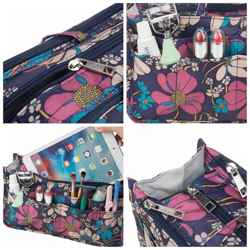Vista 5 de Micom Organizador de cosméticos extensible, con estampado, asas, 13 bolsillos, para cartera de mujer, L, Azul (Blue Flower)
