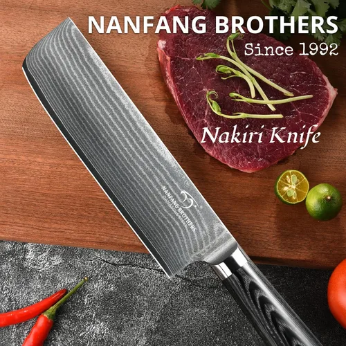 Vista 2 de Cuchillo Damasco Nakiri, cuchillo de cocina profesional de 7 pulgadas con mango ergonómico de madera antideslizante, japonés 10Cr15CoMoV, cuchillo