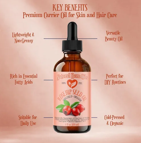Vista 6 de Aceite de semilla de rosa mosqueta de 4 onzas, 100% puro y natural, prensado en frío, sin refinar, hidratante orgánico para piel y cabello, incluye
